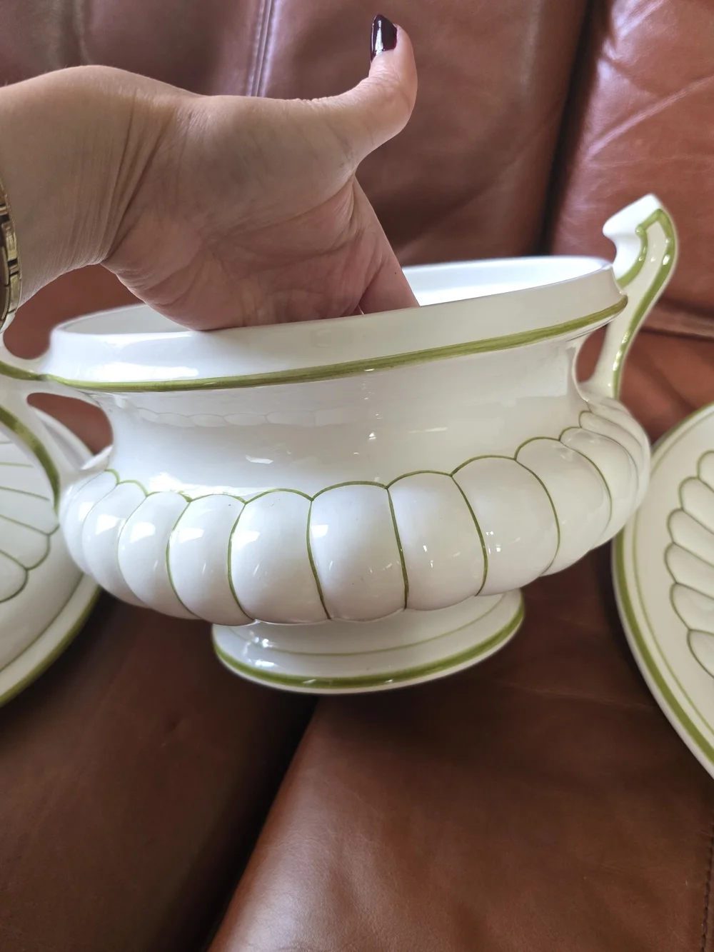 White and Olive Green Lidded Tureen with Underplate